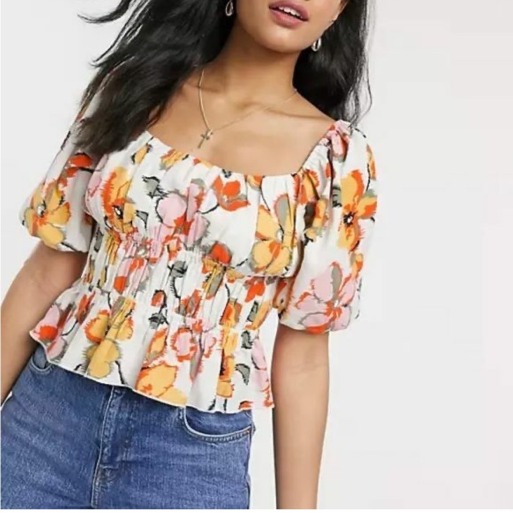 NWOT Moon River Floral Puff Sleeve Linen Top - Picture 1 of 7